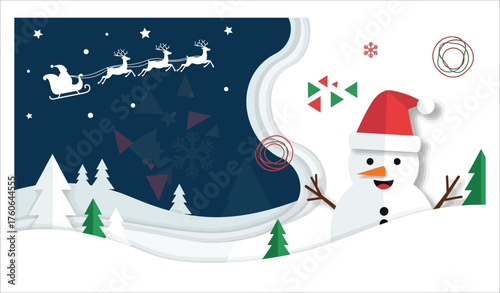 Joyful snowman and santa's sleigh in snowy winter wonderland christmas scene