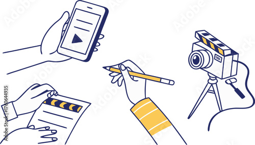Hands create digital content with smartphone camera pen and movie slate