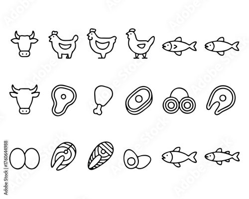 Meat, Poultry, and Fish Protein Line Icons Set - Food Source Outline Vector