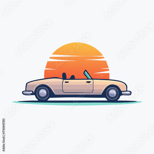 Classic Convertible Car Driving into Sunset, Minimalist Vector Illustration.