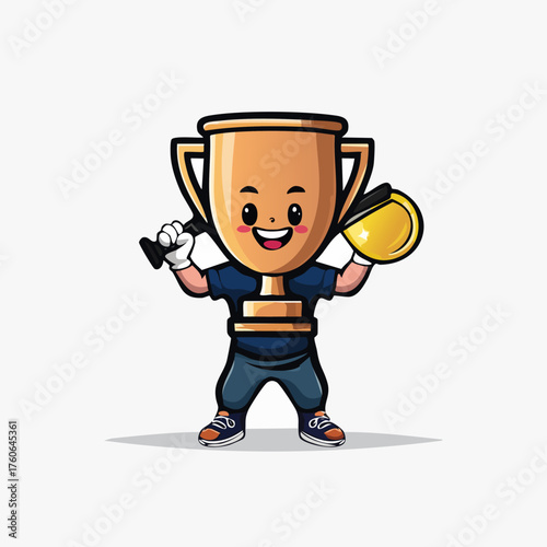 Cute Trophy Mascot Holding Baseball Bat and Ball.
