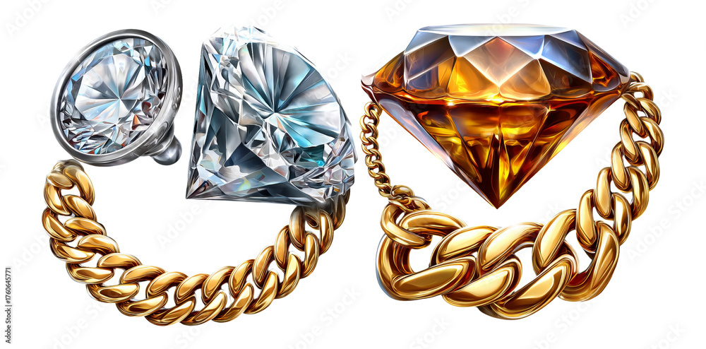 Fototapeta premium Stunning Gems and Golden Chains on Transparent Background for Stock Photography