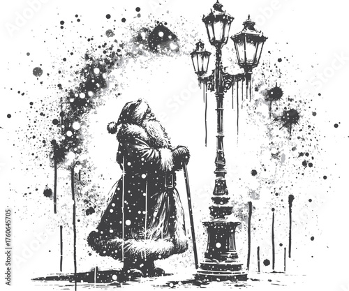 Monochrome illustration of Santa beside a classic street lamp as snow falls. The ink and watercolor style creates a moody, festive winter vibe suitable for Christmas and holiday storytelling