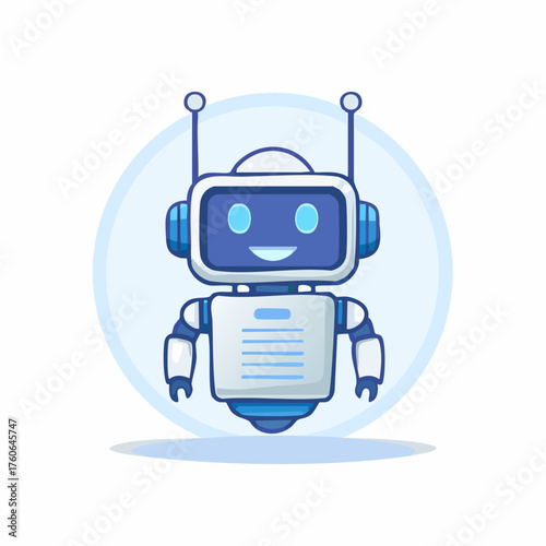 Friendly Blue Robot Character with Antennas and Screen Face.