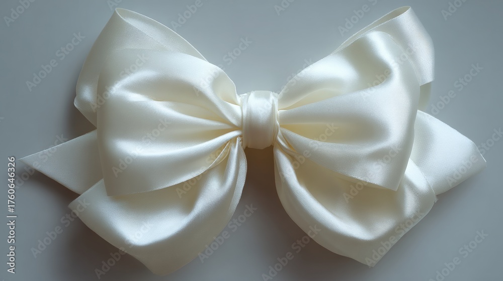 Naklejka premium Close-up of a large, white ribbon bow. the bow is made of satin and has a smooth, shiny texture. it is tied in a knot at the center of the bow, with the ends of the ribbon curling around the edges.