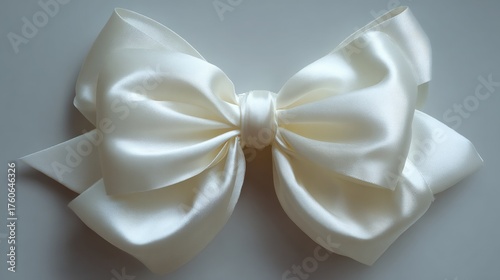 Close-up of a large, white ribbon bow. the bow is made of satin and has a smooth, shiny texture. it is tied in a knot at the center of the bow, with the ends of the ribbon curling around the edges.
