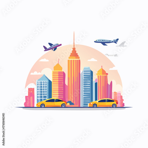 Modern Cityscape with Yellow Taxis and Airplanes.