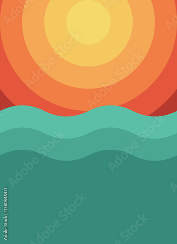 Retro minimalist sunset design with layered gradient circles above stylized turquoise ocean waves. Warm vintage aesthetic featuring geometric shapes in orange and teal color palette.
