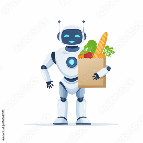 Robot Delivering Groceries with a Bag of Food.