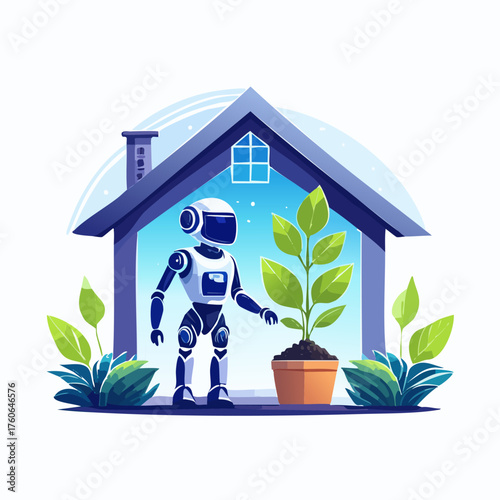Robot Nurturing Plant Inside House - Technology and Nature Harmony.
