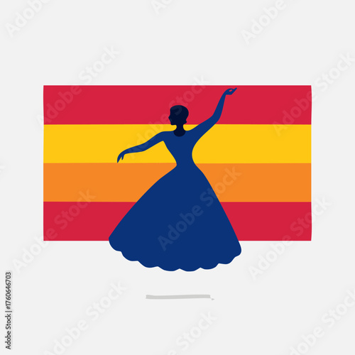 Silhouette of a dancer in a blue dress against the Spanish flag.