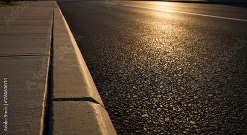 Sunlight glistens on a textured asphalt road next to a concrete sidewalk and curb