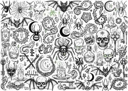Gothic horror collage with skulls, spiders, and occult symbols