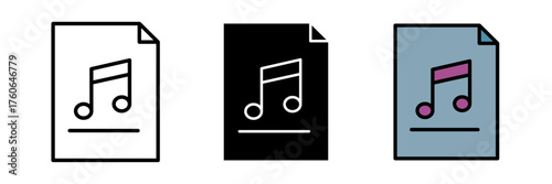 Audio file icon set with sound and music symbols. Flat vector illustration in outline, filled, and color style for media, technology, and entertainment concepts.
