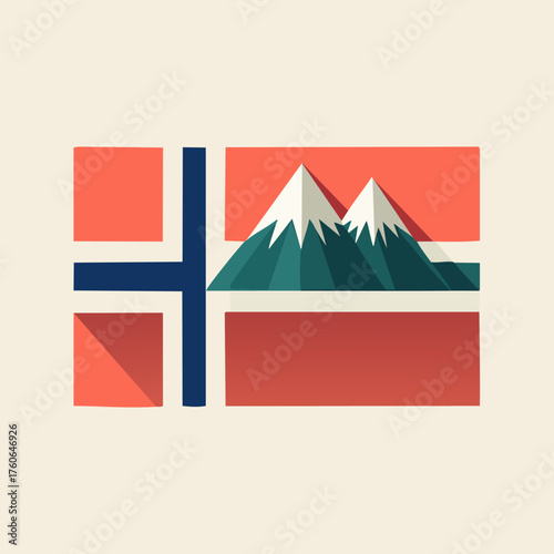 Stylized Norwegian Flag with Mountains in Flat Design.