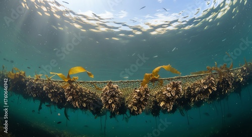 Mussel farming net underwater with fish