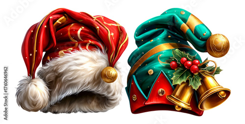 Colorful Christmas Hats with Fur and Bells on Transparent Background