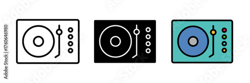 DJ turntable icon music and entertainment symbol representing sound mixing, disc jockey equipment, audio performance, and nightlife vector icons illustrations for graphic design.
