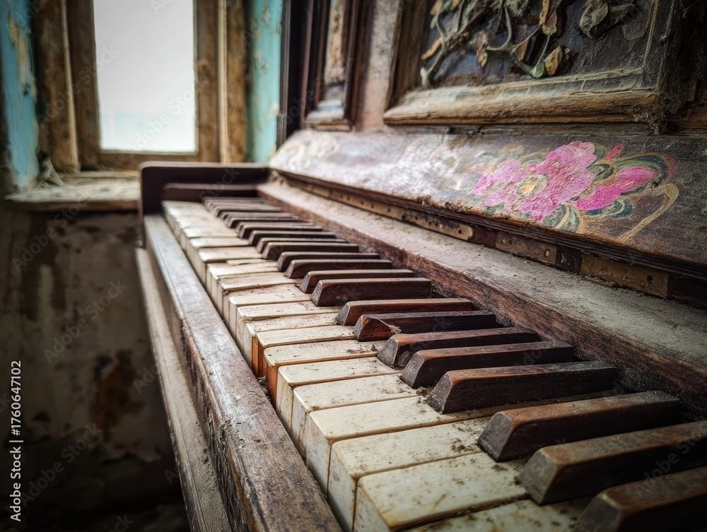 Obraz premium Rustic Upright Piano Keys in Abandoned Room Old Wooden Musical Instrument Detail Neglected Interior Grunge Aesthetic
