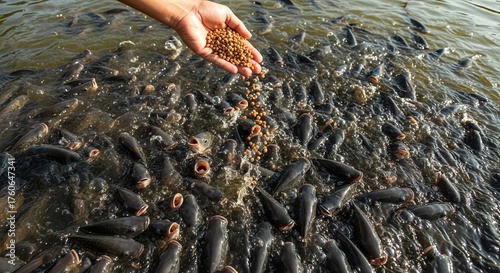 Fototapeta Naklejka Na Ścianę i Meble -  Person feeding fish in water
