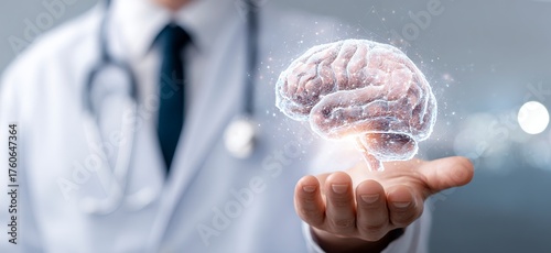 Expert physician safeguarding human brain health, promoting wellness and cognitive vitality with a caring, professional touch in a modern medical setting.