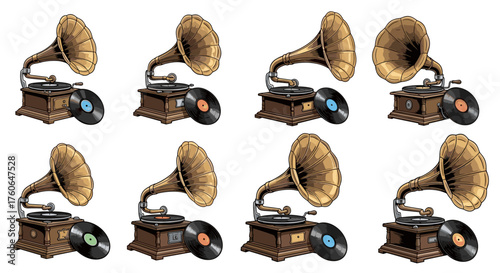 A collection of vintage gramophones with records displaying a nostalgic musical theme.