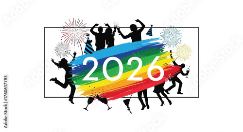 Excited people celebrating the arrival of the year 2026 with colorful fireworks and confetti in a silhouette style
