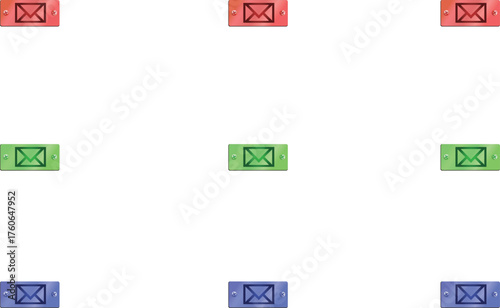 Set of 9 colorful email icons in red, green, and blue circle designs, symbolizing communication, inbox, message, and digital mail concepts.