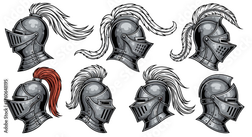 A collection of detailed medieval knight helmets with decorative plumes and crests.