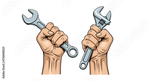 Two hands are holding wrenches for mechanical repair and maintenance tasks.