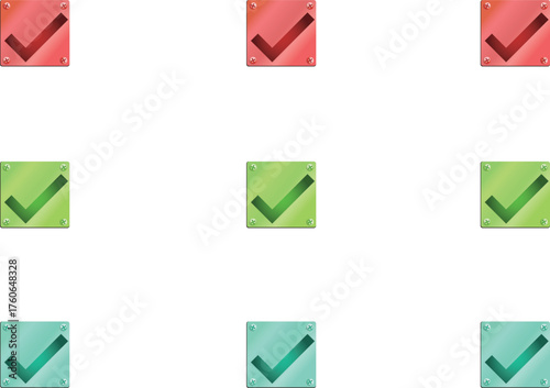 Set of 9 tick mark icons in red, green, and blue circle designs, symbolising approval, completion, success, and confirmation.