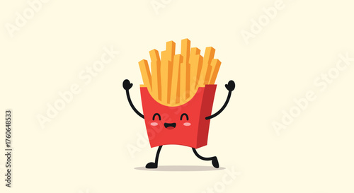 A cheerful box of french fries with a happy face dancing and celebrating with joy.