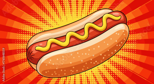 A delicious classic hot dog with mustard on a bun in a vibrant pop art style.