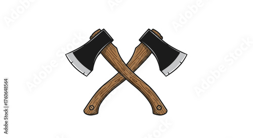 Two wooden axes crossed on a white background.