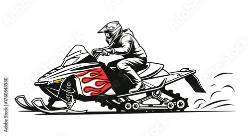 A skilled rider navigates a snowmobile with fiery graphics across a snowy terrain leaving a trail of snow dust.