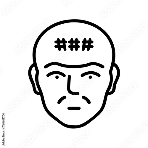 Outline icon of bald man head with barcode or hash marks on forehead
