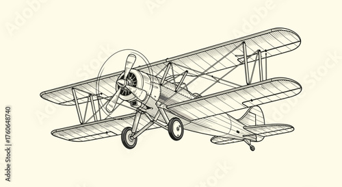 An intricate line drawing of a vintage biplane in flight. The aircraft features two sets of wings, a propeller at the front, and exposed structural elements showcasing its engineering.