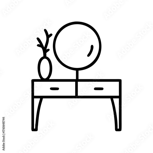 Outline icon of dressing table with round mirror and vase
