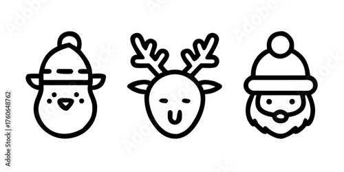 Outline icons of snowman reindeer and Santa Claus in winter hats
