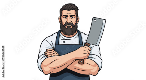 A stern butcher in an apron holding a cleaver with his arms crossed.