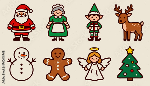 Set of Christmas icons with Santa Mrs Claus elf reindeer snowman gingerbread angel and tree
