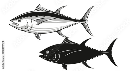 Two tuna fish in different styles one is detailed and the other is silhouetted.