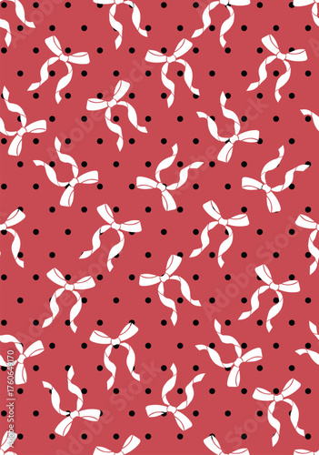 Illustration of a seamless polka dot pattern with pink bows. Pink bows and black dots background seamless pattern . Couqette ribbon pattern. Christmas or Valentines day holiday design