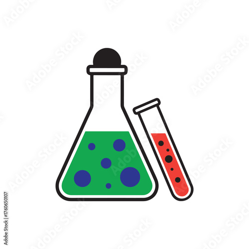 Chemistry flask and test tube with colorful liquids for scientific experiments and research