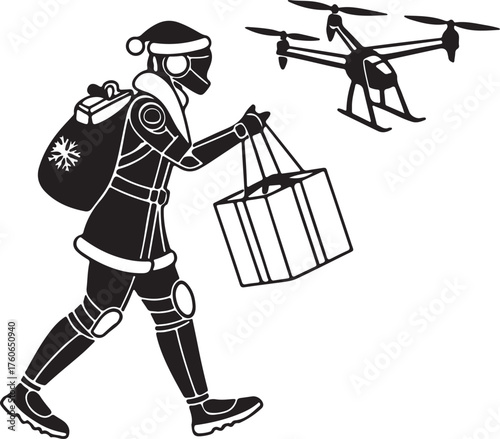 Vector silhouette of a robot Santa delivering presents with drones