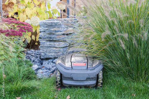 Automatic robotic lawn mower in garden in its charging station