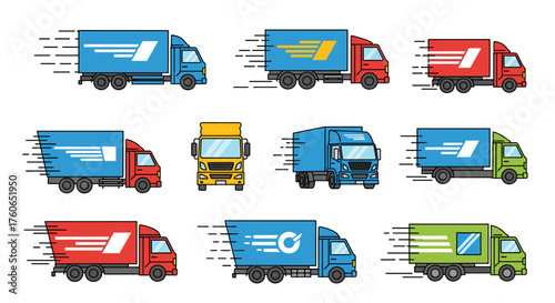 Delivery trucks set with speed lines
