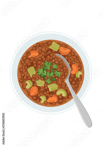 Lentil stew topped with fresh herbs in a white bowl  