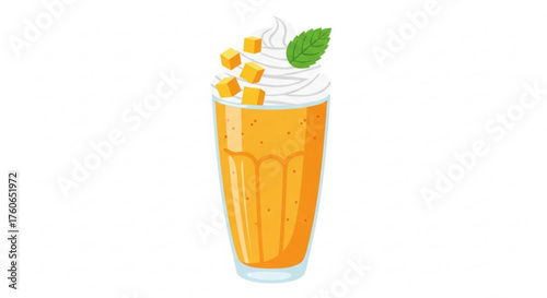 Mango milkshake topped with whipped cream and mint leaves in glass  