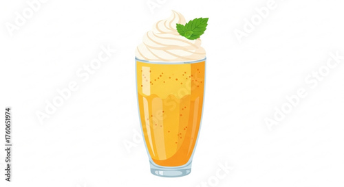 Mango milkshake in tall glass topped with whipped cream and mint  